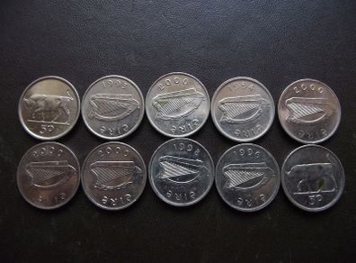 10 Irish 5 pence coins (1993-2000). Nice Condition!