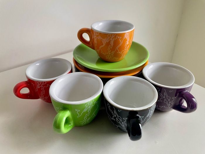 Bialetti Espresso Cup and Saucer Set 5 Piece Colourful Set Brand New