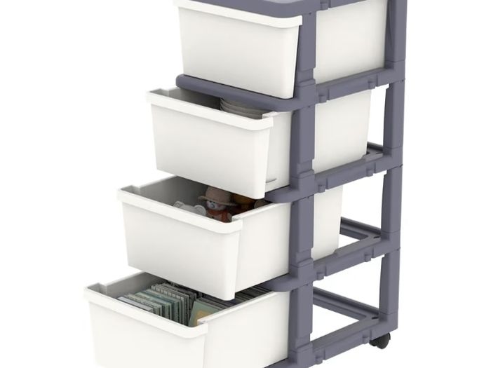 Storage Drawer on Locking Wheels, Tower with Interlocking Hooks for Home Office Closet Bedroom Dorm, Detachable, Free Combination, White and Gray, 4 Drawers