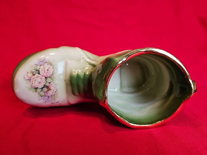 Staffordshire Style Porcelain Boot Vase - Green with Roses ,  Decor or Cactus Planter