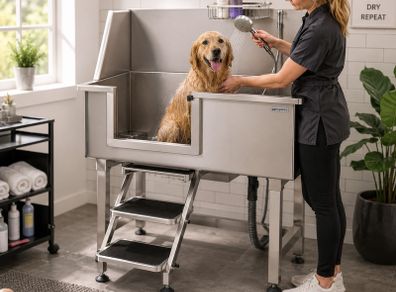 Professional Stainless Steel Pet Grooming  Dog Bath Station with Steps & Shower Kit
