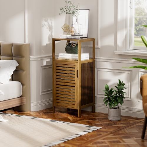 Bathroom Cabinet, Bamboo Floor Cabinet Free Standing, 4 Tier Sofa Side Storage Cupboard for Living Room Kitchen Bedroom, Walnut