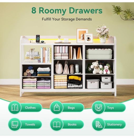 Chest of Drawers Bedroom, 8 Fabric Drawers, 110x30x88cm, White