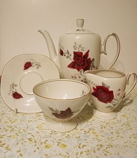 Vintage Chocolate Porcelain Red Rose Design.