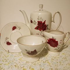 Vintage Chocolate Porcelain Red Rose Design.