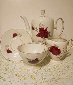 Vintage Chocolate Porcelain Red Rose Design.