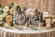 Elegant Engraved Bride &amp; Groom Stemless Wine Glass Set of 2 glasses