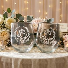 Elegant Engraved Bride & Groom Stemless Wine Glass Set of 2 glasses