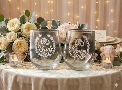 Elegant Engraved Bride & Groom Stemless Wine Glass Set of 2 glasses