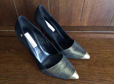 Bourbon Amy Humberman black suede and gold leather high heel court shoes size 5 eu 38