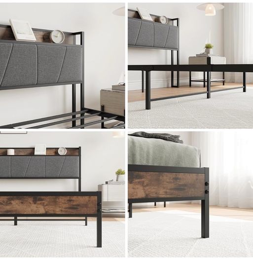 Double Bed Frames with Storage Headboard,Heavy Duty Metal Upholstered Platform Bed Frame