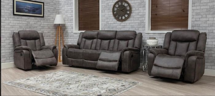 Luxury Tan & Grey Suede Recliner Sofa Set