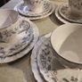 Rare find 15 pieces set Johnson Brothers Ironstone, Pattern 1H1, Vintage Set Of 4 cups and saucers with side plates ,milk jug ,sugar bowl and large oval platter plate Swirl Edge, Platinum Trim Image 4