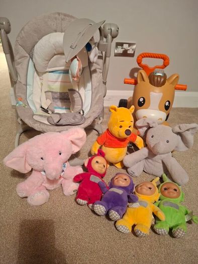 Toy bundle inc baby swing,fisher price bouncer and interactive toys