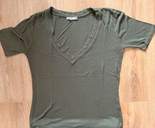 Zara Khaki Ribbed V Neck Top Women Minimalist Basic Olive Green Tee