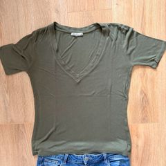 Zara Khaki Ribbed V Neck Top Women Minimalist Basic Olive Green Tee