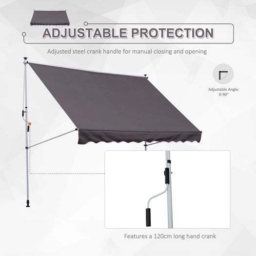 Balcony 3 x 1.5m Manual Adjustable Awning DIY Patio Clamp Awning Canopy Grey
