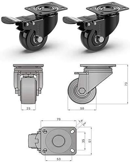 Heavy Duty Castor Wheels with 4 Brakes + Screws - 50mm - 200 kg Load - Set of 4 - No Floor Marks Silent Caster for Moving Furniture - Rubbered Swivel Trolley Wheels - Black Castors