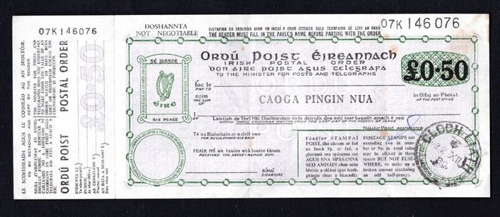 1980 Ireland 50p irish Postal Order for 50p serial Number 07K146076 with Cloth Liath (Greystone, Co. Wicklow) Steel cancel with counterfoil