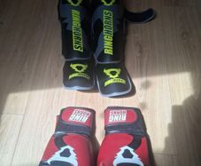 kickboxing gloves and shin pads