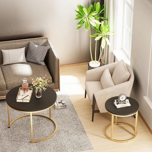 Round Coffee Tables, Set of 2 End Table, Nesting Tables, Side Table Metal Gold Frame for Living Room/Bedroom/Balcony/Office/Apartment, Diameter 23.6/15.7 IN, Black Top, Prevent right angles