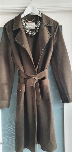 MADISON khaki midi length coat with stud detail open front with tie Sz L (12-16 UK) - Rrp 289 (New)