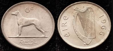 [#337] - Ireland 1966 | 6 Pence | Wolfhound | KM.13a | UNC
