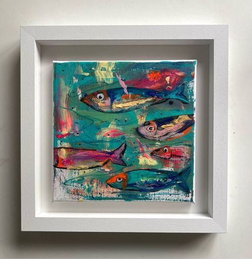 Framed Original Abstract Painting of Fish Original Gift