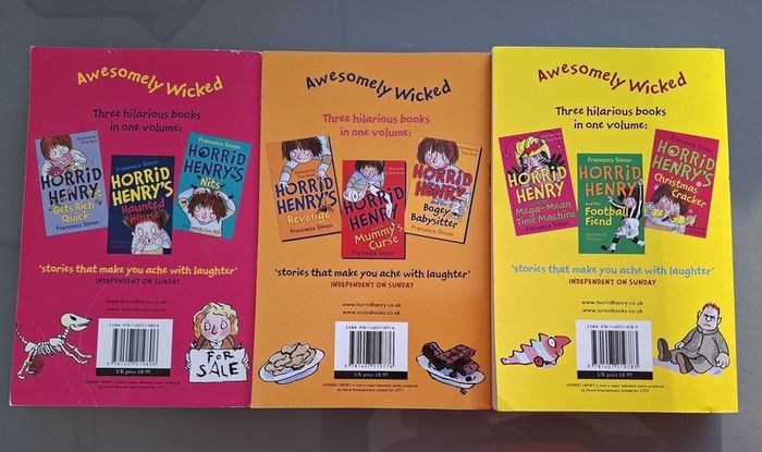 Horrid Henry 3 Paperback Books. Each book is a triple book so 9 stories.