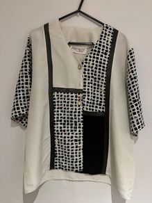 Vintage Abstract Print Blouse Cream & Black Graphic Top 80s/90s Style