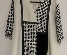 Vintage Abstract Print Blouse Cream & Black Graphic Top 80s/90s Style