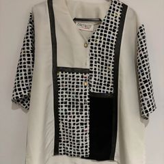 Vintage Abstract Print Blouse Cream & Black Graphic Top 80s/90s Style