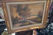 This Original Framed Oil on Canvas Painting is Signed by Irish artist D. Jackson, in nice condition, Postage Available Vintage Landscape Oil Painting featuring a Country Cottage and Trees, Housed in a Highly Ornate, Gilded Baroque-Style Gold Frame
