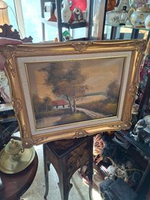 This Original Framed Oil on Canvas Painting is Signed by Irish artist D. Jackson, Stage or Movie Props in nice condition, Postage Available Vintage Landscape Oil Painting featuring a Country Cottage and Trees, Housed in a Highly Ornate, Gilded Baroque-Sty