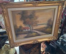This Original Framed Oil on Canvas Painting is Signed by Irish artist D. Jackson, in nice condition, Postage Available Vintage Landscape Oil Painting featuring a Country Cottage and Trees, Housed in a Highly Ornate, Gilded Baroque-Style Gold Frame