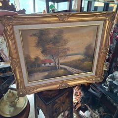 This Original Framed Oil on Canvas Painting is Signed by Irish artist D. Jackson, in nice condition, Postage Available Vintage Landscape Oil Painting featuring a Country Cottage and Trees, Housed in a Highly Ornate, Gilded Baroque-Style Gold Frame
