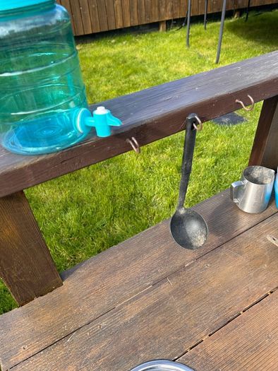 Hand made solid timber mud kitchen with stool with accessories