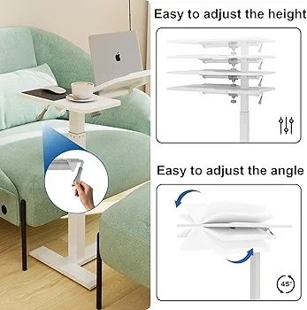 Adjustable Pneumatic Overbed Table with Wheels Split Top Tilting Bedside Bed Table with Tray Rolling Laptop Computer Standing Desk Cart Height 69.5-102cm