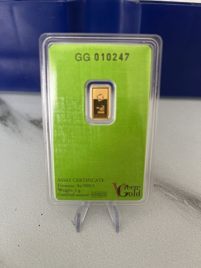 1gram Fine 9999 Gold Bullion Green Valcambi Bar.