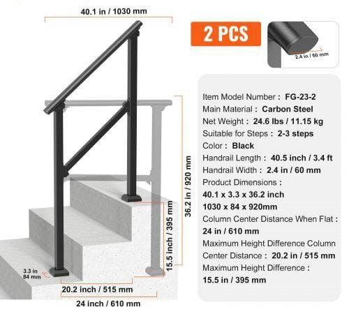 Handrails for Outdoor Steps, 2 PCS 2-3 Step Stair Hand Rail Kit, Transitional Carbon Steel Railings with Installation Kit, Stair Rails for Seniors, Concrete & Porch & Deck, Black Square Tube
