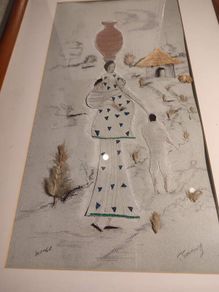 Framed picture pencil sketch and cut coloured figures called Women and signed