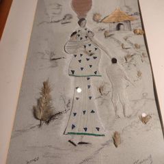 Framed picture pencil sketch and cut coloured figures called Women and signed