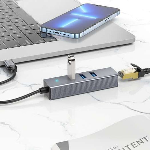 HOCO. Hub Type-C Gigabit Ethernet (USB to USB3.0 3 + RJ45) for data transfer