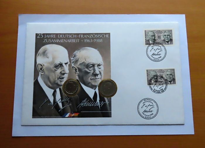 France Germany Joint Issue Treaty On The Cooperation 1963 1988 FDC ( coins cover )