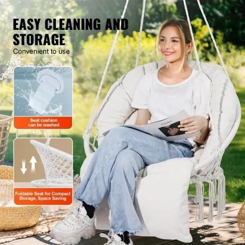 Hanging Hammock Swing Chair, 330 Lbs Capacity, Macrame Hanging Chair with Cushion and Mounting Hardware, Cotton Rope Swing Chair for Bedroom, Balcony, Patio, Garden, Beige