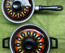 Mid Century Modern Enamel Saucepans, Set of Two MCM