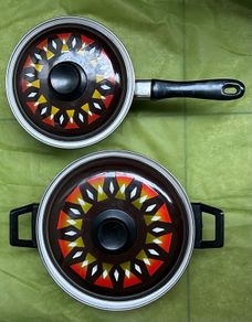 Mid Century Modern Enamel Saucepans, Set of Two MCM