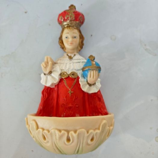 Pair of Holy Water fonts, Child of Prague and Our Lady, devotional item,