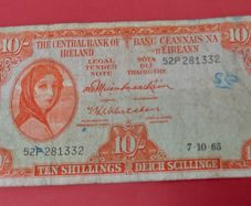 Irish 1965 Lavery ten shilling banknote in used condition