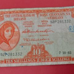 Irish 1965 Lavery ten shilling banknote in used condition